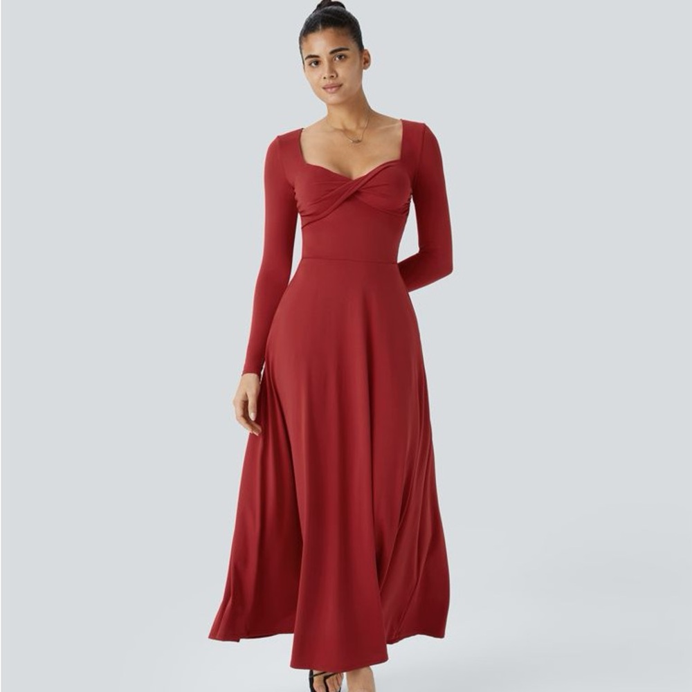 NWT Halara Sweetheart Neck Long Sleeve Twisted Flare Flowy Maxi Resort Dress—XS